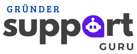 Logo mit Text: „GRÜNDER support GURU“. Der Buchstabe „o“ in „support“ ist als Roboterkopf in Blau stilisiert und symbolisiert KI. Der restliche Text ist dunkelgrau, wobei „GRÜNDER“ blau und „support GURU“ grau ist. Perfekt für Webdesign- und Entwicklungsprojekte, die nach innovativen Lösungen suchen. - digiak webdesign und entwicklung