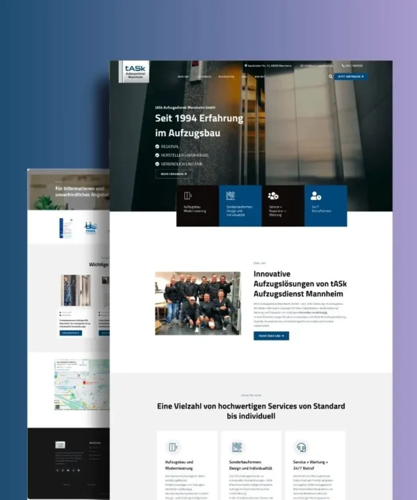 Eine versetzte Ansicht zweier Webseiten, die hauptsächlich ein Unternehmen namens „TASK Aufzugsdienst GmbH“ zeigen, präsentiert eine moderne Webseite für Bau- und Handwerksunternehmen. Die Titelseite bietet Abschnitte für Erfahrung, Dienstleistungen und Unternehmensinformationen. Die Seite dahinter sieht ähnlich aus, hat aber ein leicht unterschiedliches Inhaltslayout. - digiak webdesign und entwicklung
