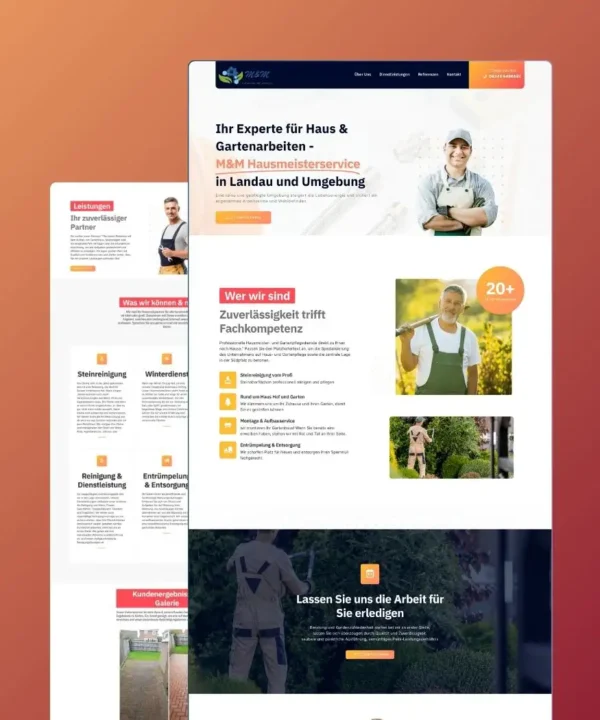 Das Bild zeigt eine Webseite für M&M Hausmeisterservice, einen Haus- und Gartenpflegedienst in Landau und Umgebung. Sie enthält Abschnitte zu Dienstleistungen, Team und Kundenreferenzen. Fotos von Fachleuten und Gartenarbeiten werden angezeigt. Die Website ist in deutscher Sprache und auf Bau- und Handwerksunternehmen zugeschnitten. - digiak webdesign und entwicklung