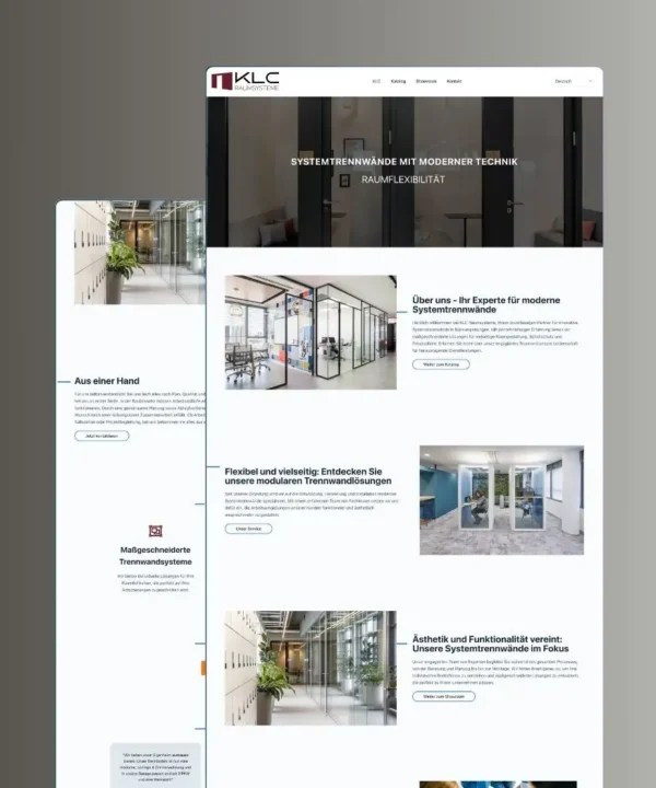 Eine Website für KLC mit modernen Trennwandsystemen, zugeschnitten auf Bau- und Handwerksunternehmen. Die minimalistische Homepage hebt verschiedene Lösungen, Vorteile und Anwendungen hervor. Der Header enthält das Logo und das Navigationsmenü. Bilder von Trennwänden und Büroräumen werden wirkungsvoll präsentiert. - digiak webdesign und entwicklung